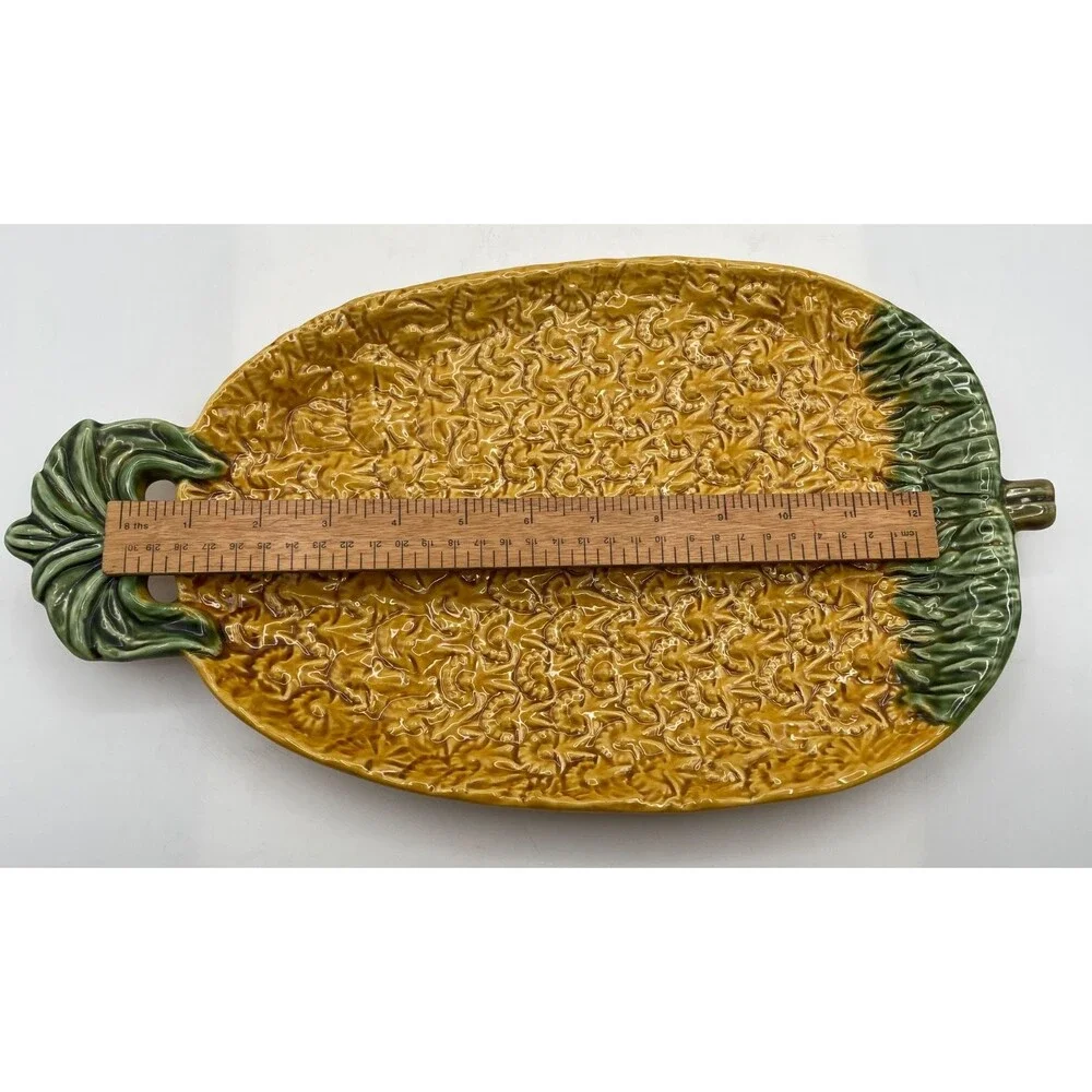 Olfaire Large Majolica Pineapple Plate Dish Serving Tray 15x9 Made in Portugal